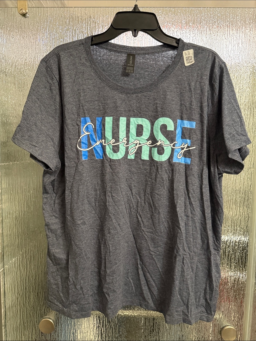 Gildan Charcoal Gray Emergency Nurse Tee with Blue & Mint Lettering